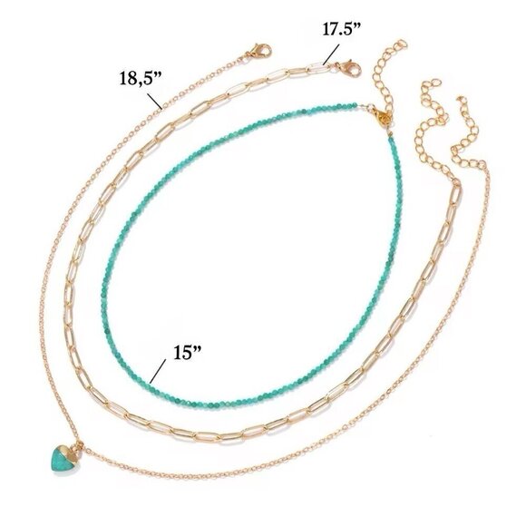 NWT Layered Heart Pendant Necklace Set 3PCs 14K Gold Plated Turquoise Boho - Picture 6 of 9